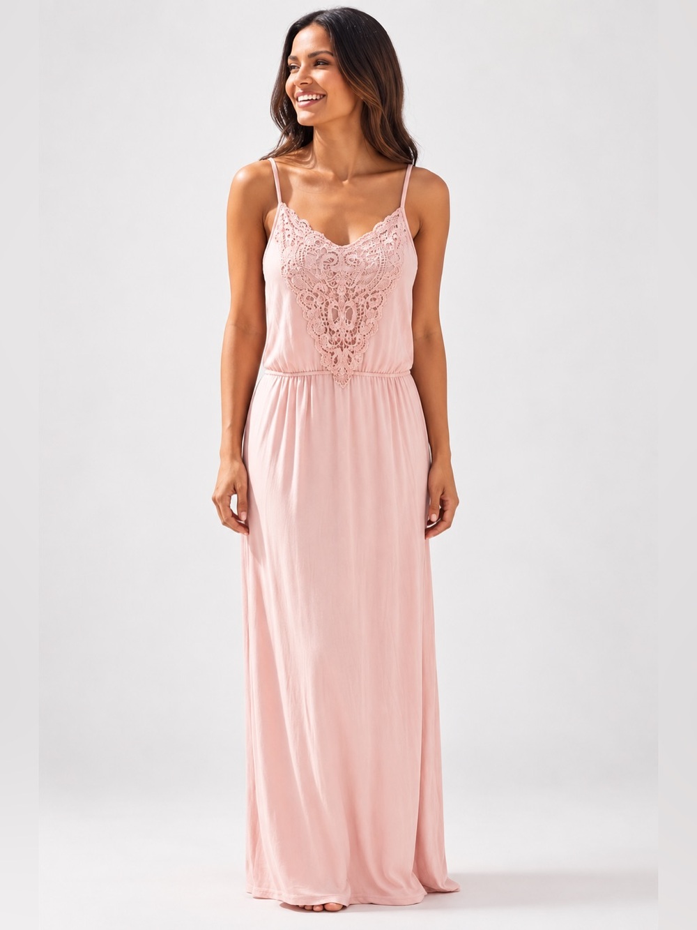 Dina Be Pink Crinkle Gauze Lace Maxi Dress Medium Elastic Waist Boho Beach Style